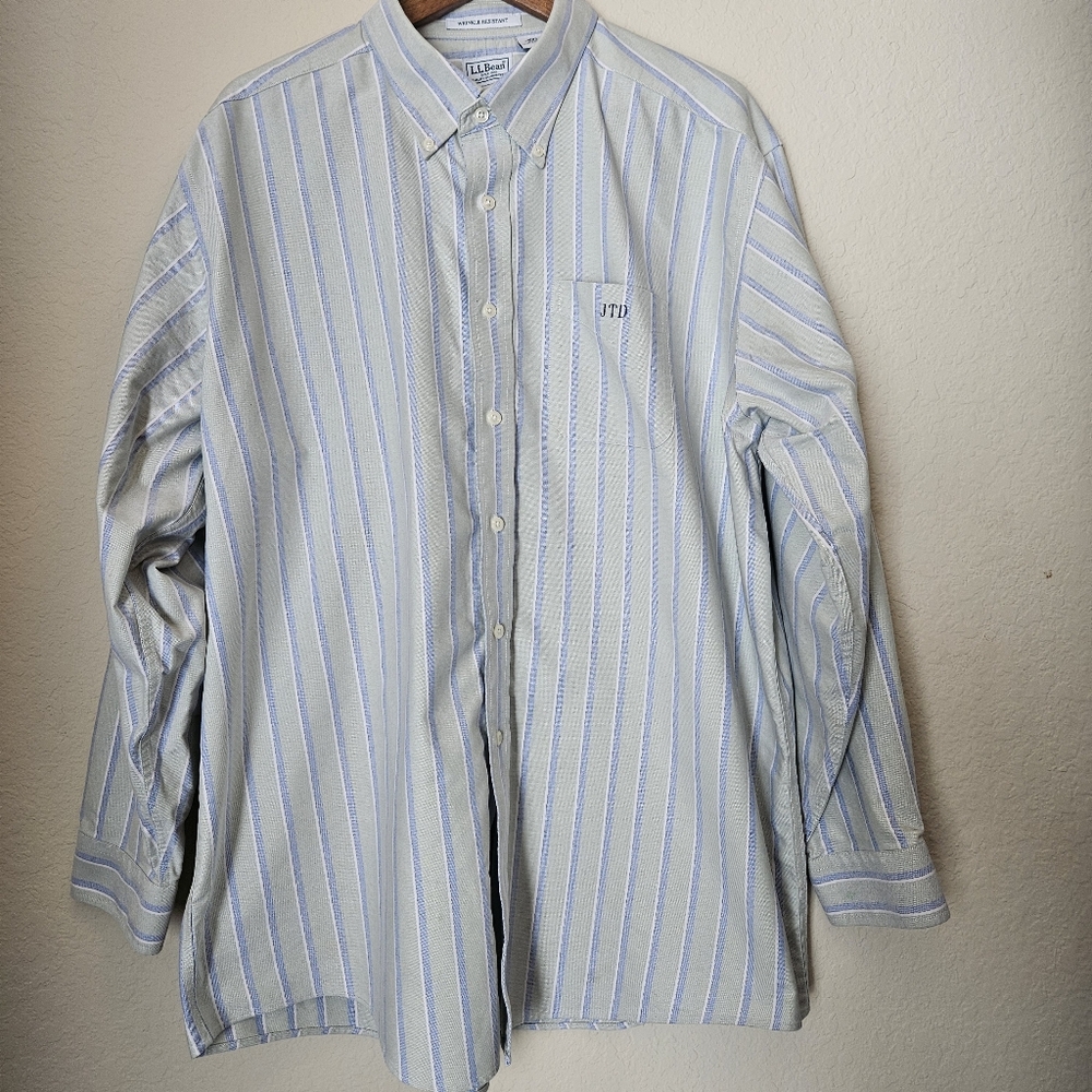 L.L. Bean Mens Dress Shirt 18/35 Wrinkle Resistant Blue Green Stripe Classic